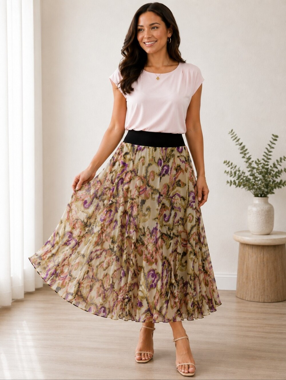 Jones New York Colorful Midi-Skirt with a Wide Black Waistband, Size Medium